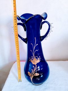 مزهرية انتيك من الزجاج الأزرق الفرنسي المطلي بماء الذهب  2