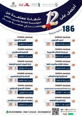  احصل على12 شهادة معتمدة من المؤسسة العامة للتدريب التقني والمهني